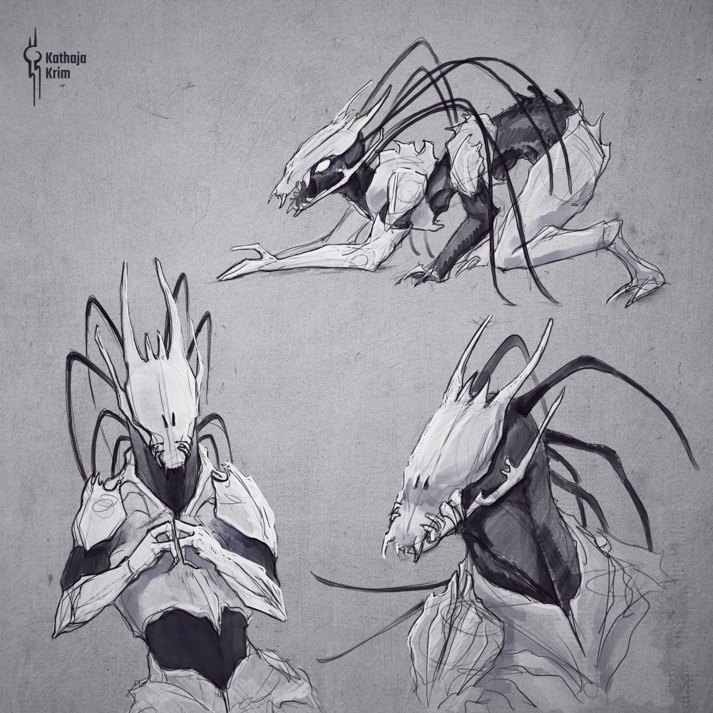 Three digital sketches of an alien species, the Tar'nex. The alien has four arms and two legs. Their skin is dark, but many parts are covered with white exoskeleton. Their head is crocodile-shaped with big teeth and horns. On the back of their head are thick, wiry, black antennas.