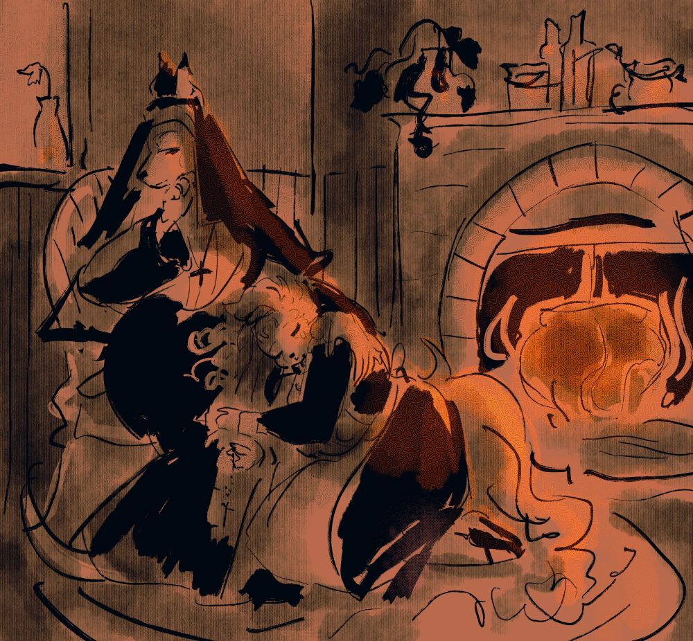 A screentone sketch of two nun dogs sitting at a fireplace. One lays her head in the lap of the other, habit falling off and seemingly stopped counting her rosaries. The other embraces her but looks hesitant. 