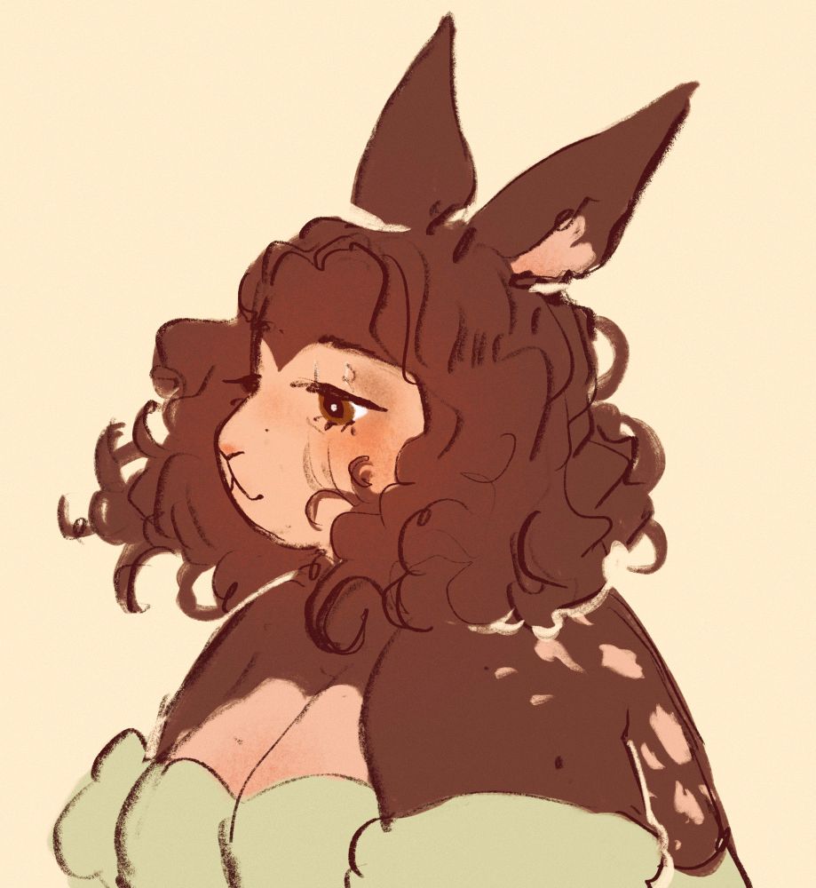 a colored sketch bust of a bunny furry with fawn spots, she looks peaceful 
