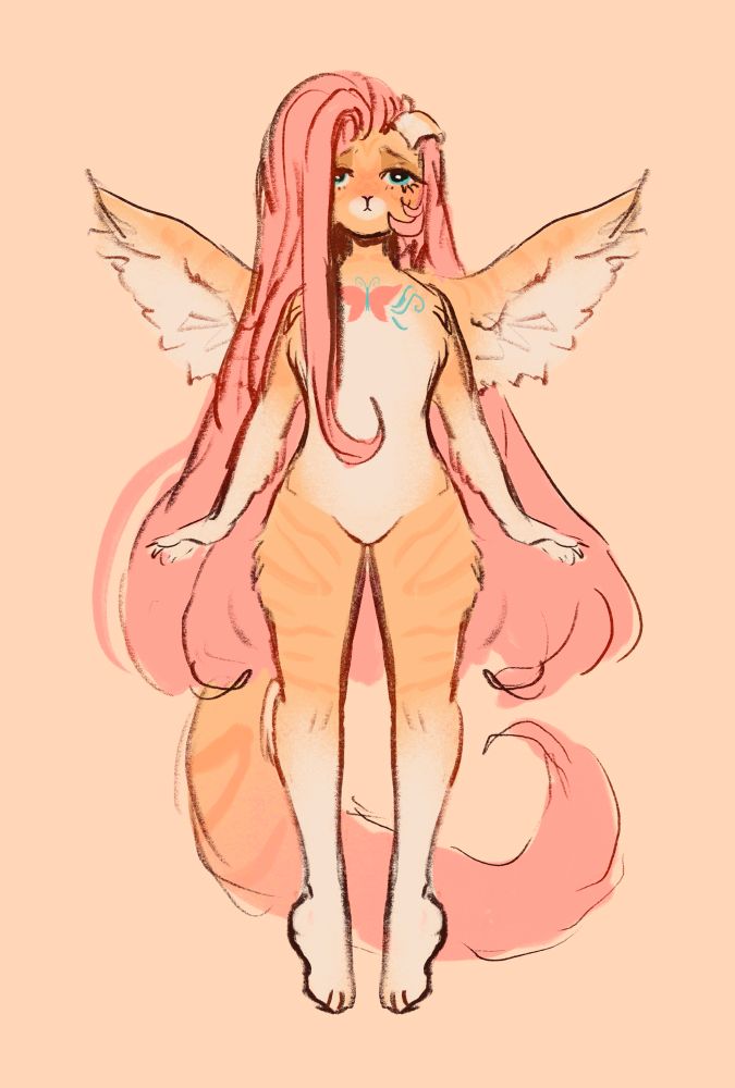 a colored sketch of a furry cat with wings, she looks suspiciously like fluttershy from mlp : fim 