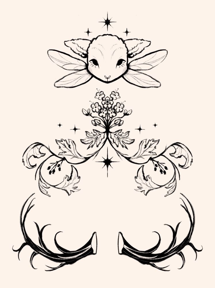 a tattoo design of a fae lamb, various flora and antlers 