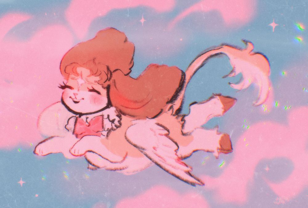 a cute chimera creature flying in the pastel sunset sky