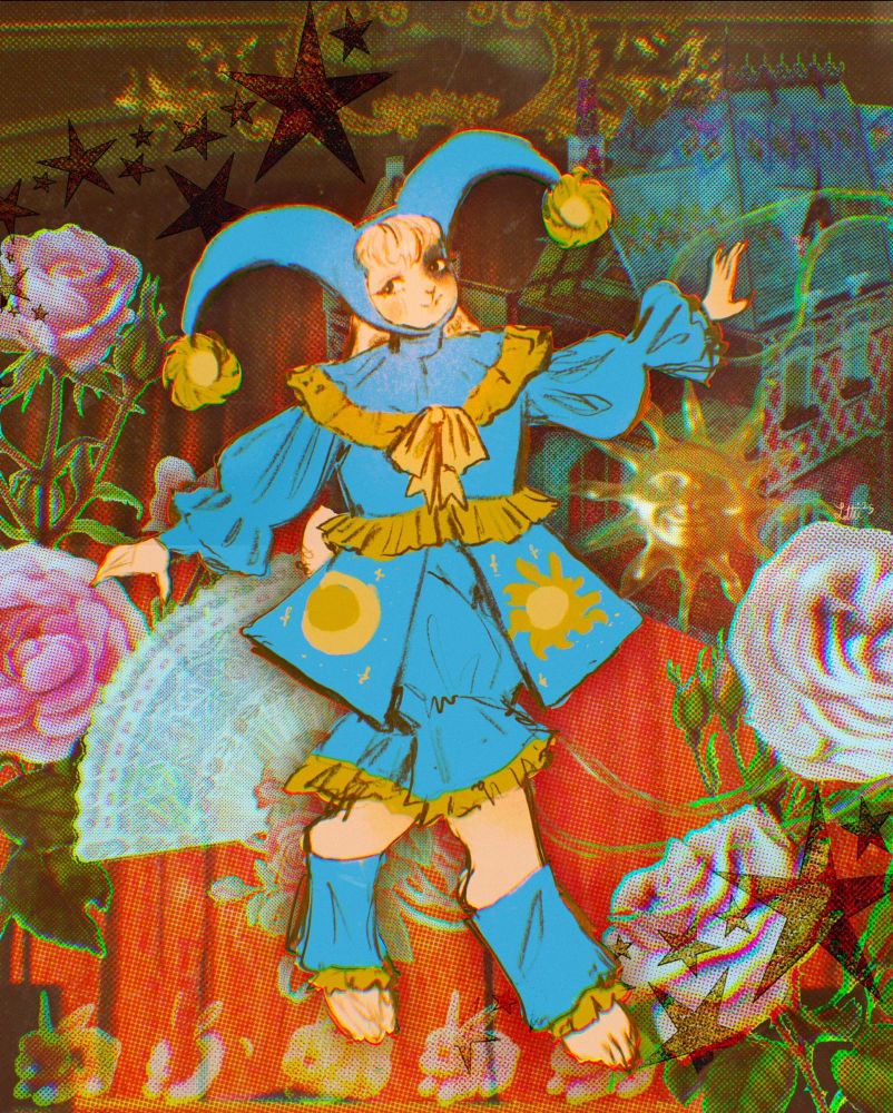An illustration of a sun and moon jester anthro bunny surrounded by a mixed media collage