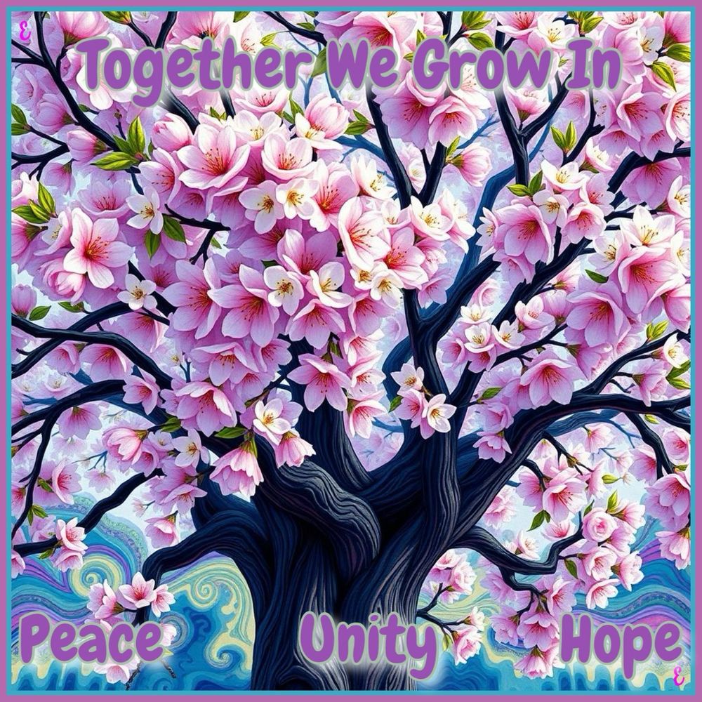 A blossoming oak tree with the message -
Together we grow in peace unity and hope

