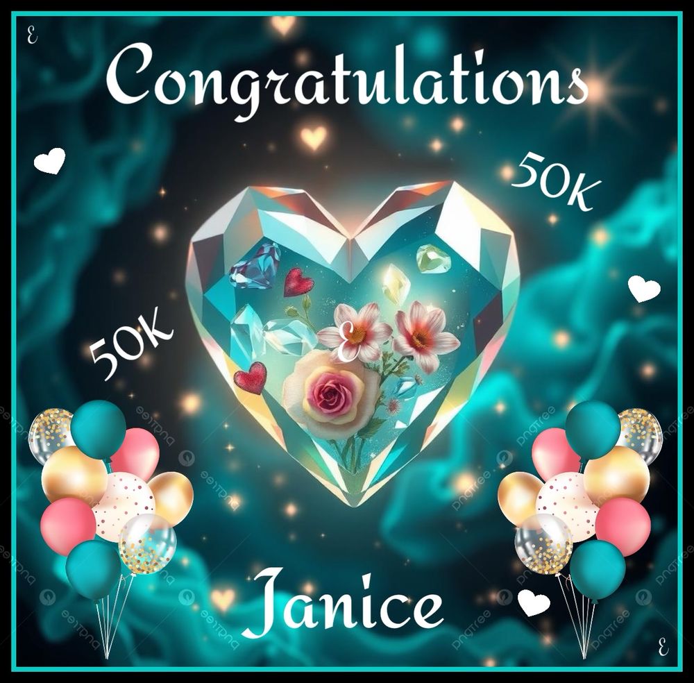 A congratulatory milestone theme 
for our friend Janice. Colours used are a teal/turquoise pink black and white with a crystal heart with flowers and balloons. 