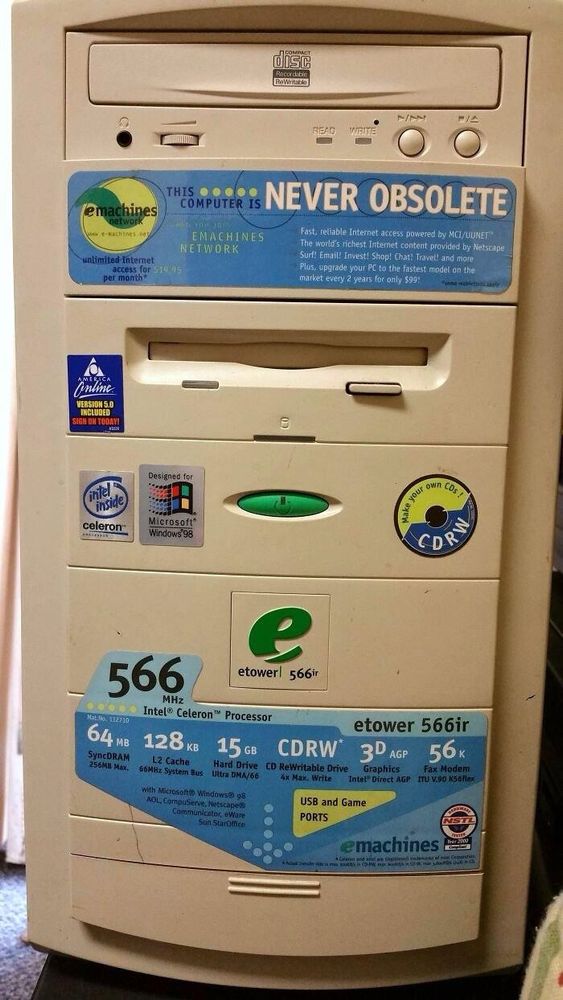 Picture of an old computer tower with specs such as 64mb RAM and 15gb hard drive, it is an emachines computer and says it will “never [be] obsolete”