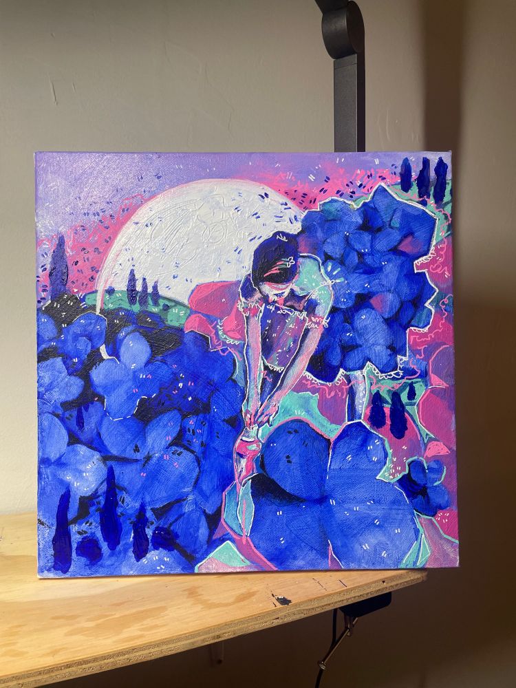 A blue, pink, purple, and green painting featuring a ballerina, hydrangeas, and Italian cypress trees.