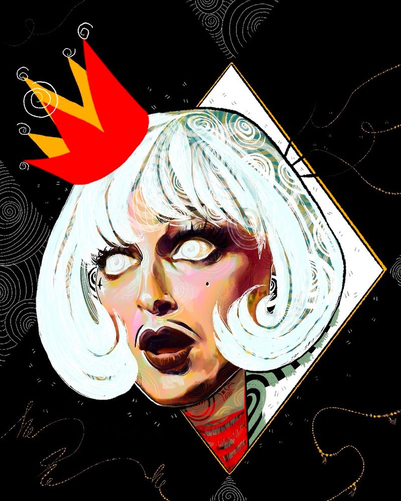 Portrait of Andi van Dyke from the neck up. He is wearing a red and yellow crown. The background is black and Andi is framed by a diamond, which is part of a bigger harlequin pattern.