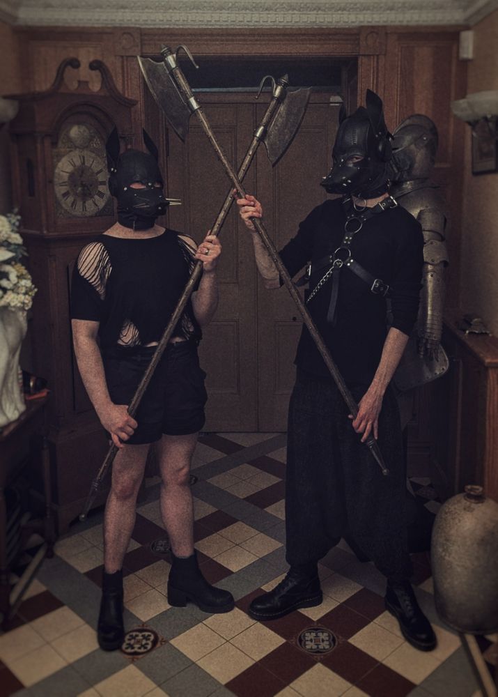 Two hooded puppies stand with polearms crossed, blocking a doorway; ready to fight the good fight, in the name of confectionery.