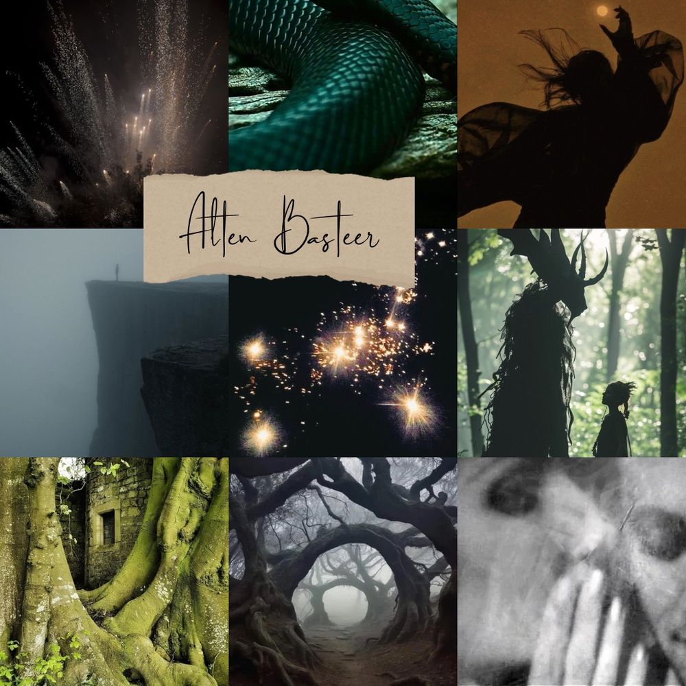 Sparks and fireworks flying in the dark sky, twisting old trees and an old stone building, a figure whispering to another behind smoke, a green snake, a silhouette reach toward the sun in front of a yellow sky, a person standing at the edge of a foggy cliff, a child looking up at a monster in the woods, the name “Alten Basteer” on a torn piece of paper
