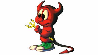 The cute little red BSD Daemon/Devil with horns and a pointed tail holding a yellow trident and wearing green Chuck Taylor high-tops.