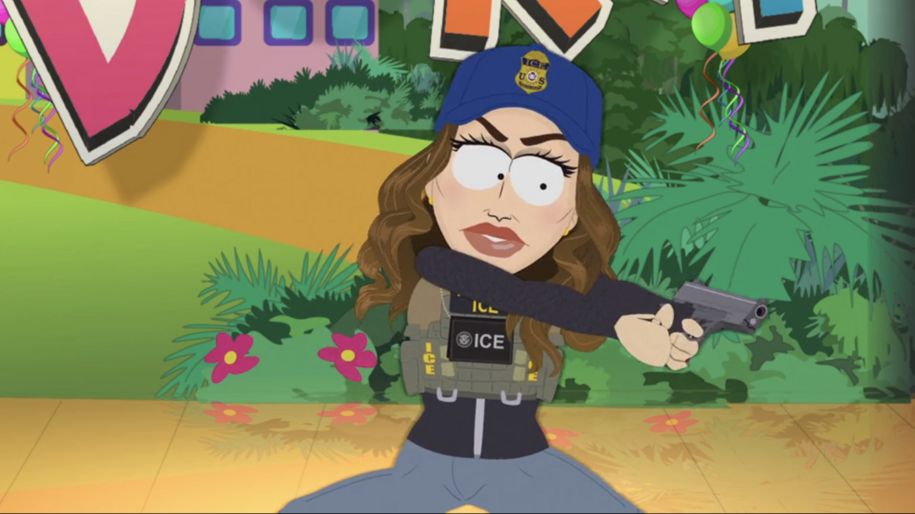 A still from Wednesday night's episode of "South Park" depicts Homeland Security Secretary Kristi Noem as she pulls her firearm to shoot a service dog in the audience of a live "Dora the Explorer" stage show. (Paramount)
Courtesy: https://www.dailykos.com/stories/2025/8/8/2337427/-Kristi-Noem-whines-about-being-dragged-on-South-Park