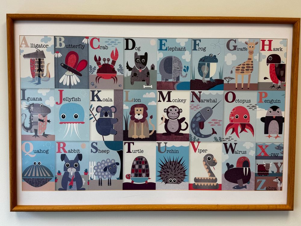 An alphabet poster with vibrant illustrations of animals representing each letter. From A to Z, the poster includes an alligator, butterfly, crab, dog, elephant, frog, giraffe, hawk, iguana, jellyfish, koala, lion, monkey, narwhal, octopus, penguin, quahog, rabbit, sheep, turtle, urchin, viper, walrus, X-ray fish, and zebra.