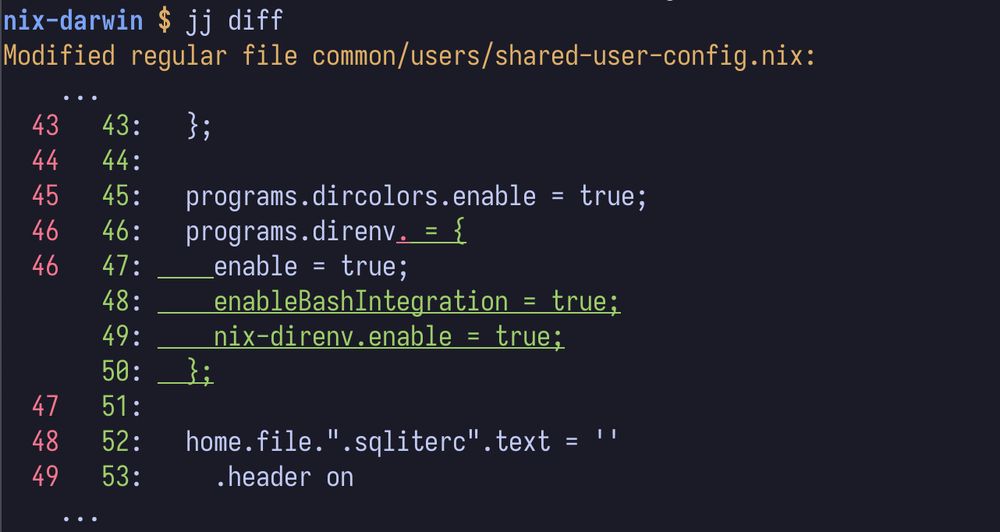 A terminal screenshot showing a diff view of changes made to a Nix configuration file 'common/users/shared-user-config.nix'. The diff shows line numbers 43-53, with new lines in green and old lines in red. The change is configuring direnv with bash integration and nix-direnv support