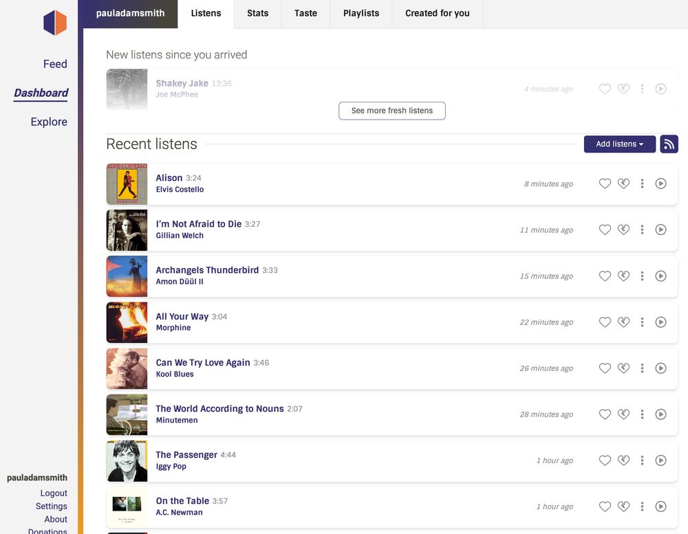 A screenshot of a music streaming service dashboard showing recent listening activity for user "pauladamsmith". The interface displays a list of recently played songs with album art thumbnails, song titles, artists, track lengths, and timestamps. The layout includes a navigation sidebar on the left with options like Feed, Dashboard, and Explore. The main content area shows "New listens since you arrived" and "Recent listens" sections, featuring tracks from artists like Joe McPhee, Elvis Costello, Gillian Welch, and others. Each song entry includes options to like, add to playlist, and play the track.