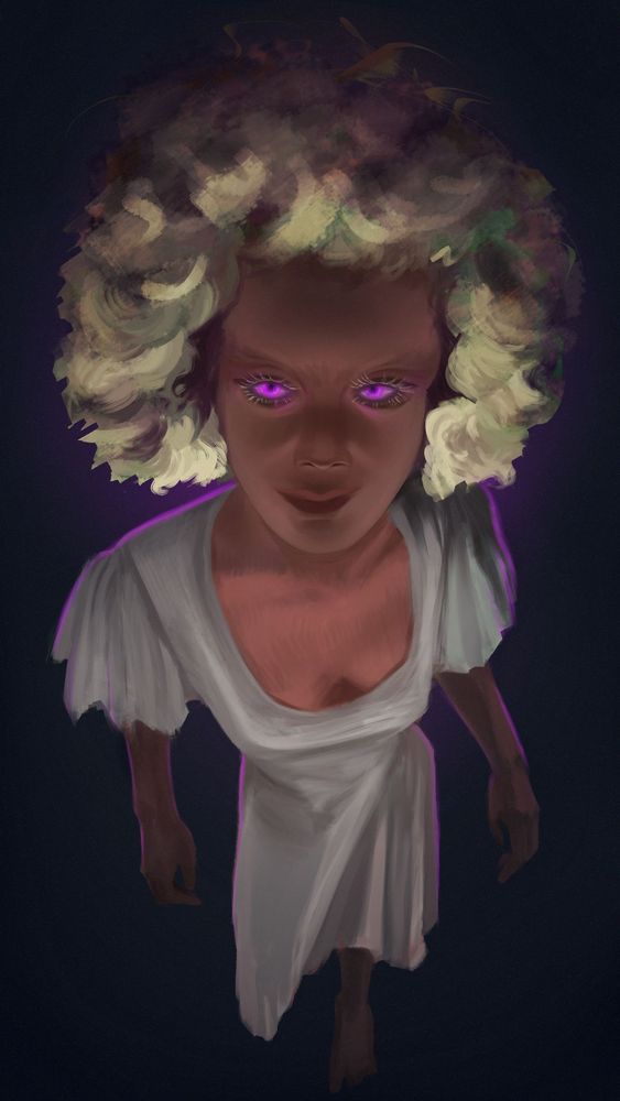 Painting of a witch with blonde curly hair, wearing a white flowy dress in front of a simple, dark background. Her eyes and silhouette glow purple, her face and figure are lit from below.