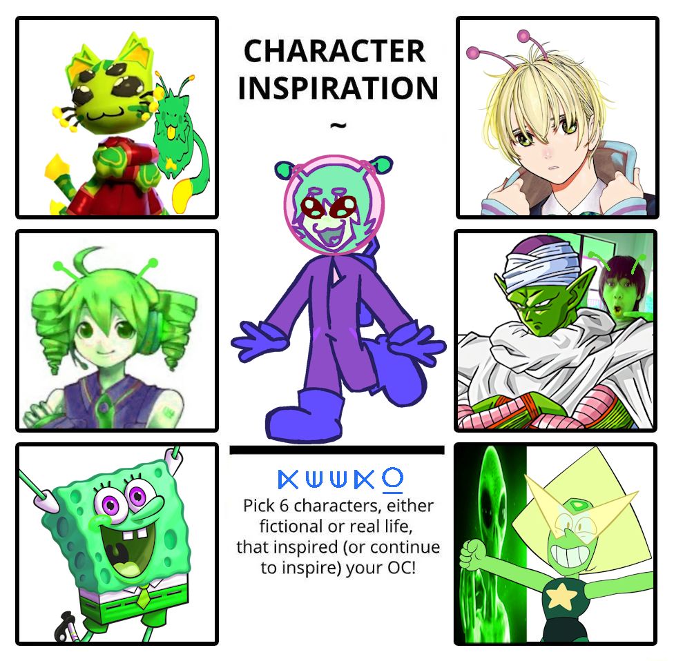 Character Inspirations (LEFT; STARTING AT THE TOP TO RIGHT; ENDING AT THE BOTTOM)
- Gnarpy (ROBLOX: Regretevator)
- Gnarpane Teto (Fancaloid/Vocaloid)
- SpongeBob SquarePants (SpongeBob SquarePants)
- Bamora (DanDaDan)
- Piccolo (Dragon Ball)
- Larry (LarryCroft)
- Green Alien Pointing
- Peridot (Steven Universe)