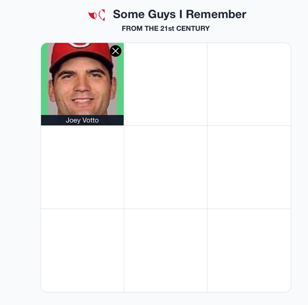 An immaculate grid “Some Guys I Remember from the 21St century” with inky ine square filled out and it is Joey Votto. 