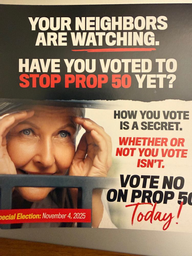 Mailer for No On Prop 50 that is an older woman with gray hair holding her hands up like binoculars and it says “your neighbors are watching” 