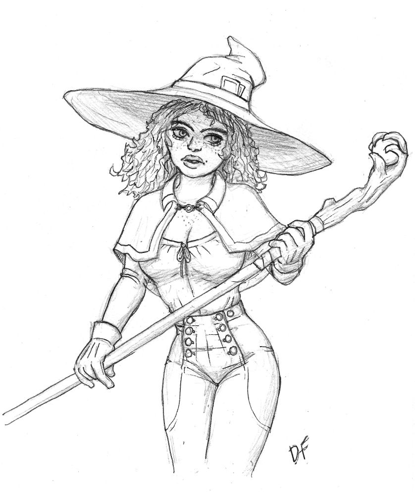 Sketch of original witch character Gerbera with frizzy hair, very wide brimmed pointed hat, and holding wooden staff with the end shaped like a claw clutching an orb.