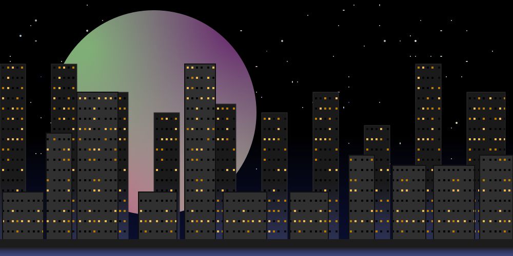  an svg drawing of a cityscape in front of a starry night sky with a large pastel moon hanging in the background