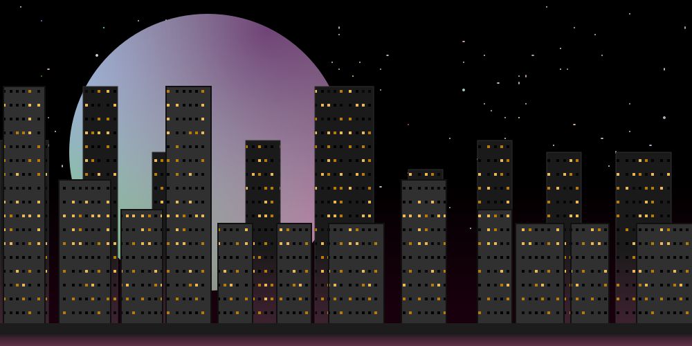  an svg drawing of a cityscape in front of a starry night sky with a large pastel moon hanging in the background