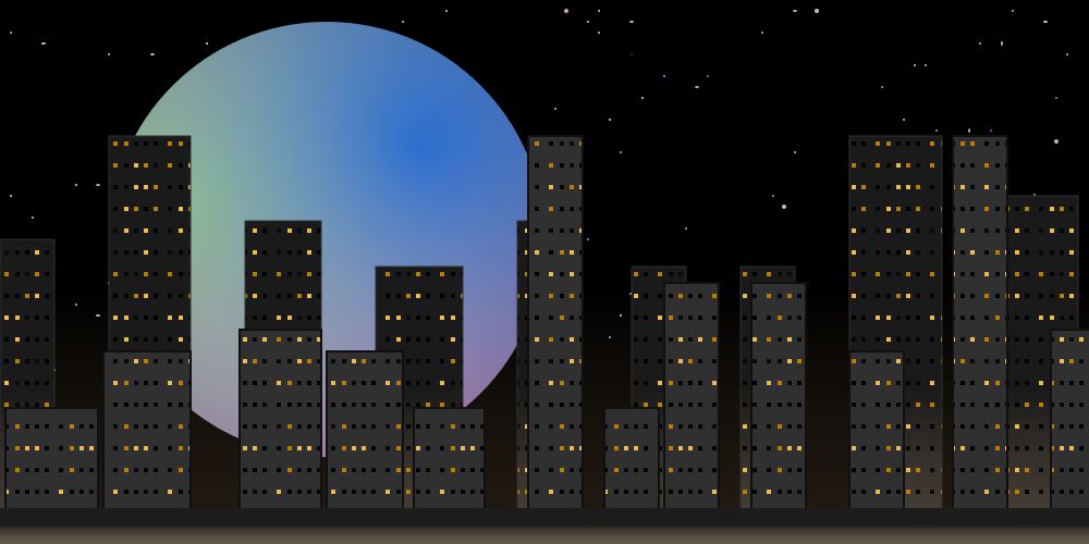  an svg drawing of a cityscape in front of a starry night sky with a large pastel moon hanging in the background