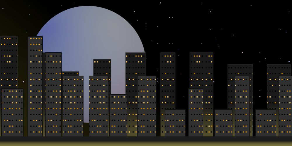  an svg drawing of a cityscape in front of a starry night sky with a large pastel moon hanging in the background