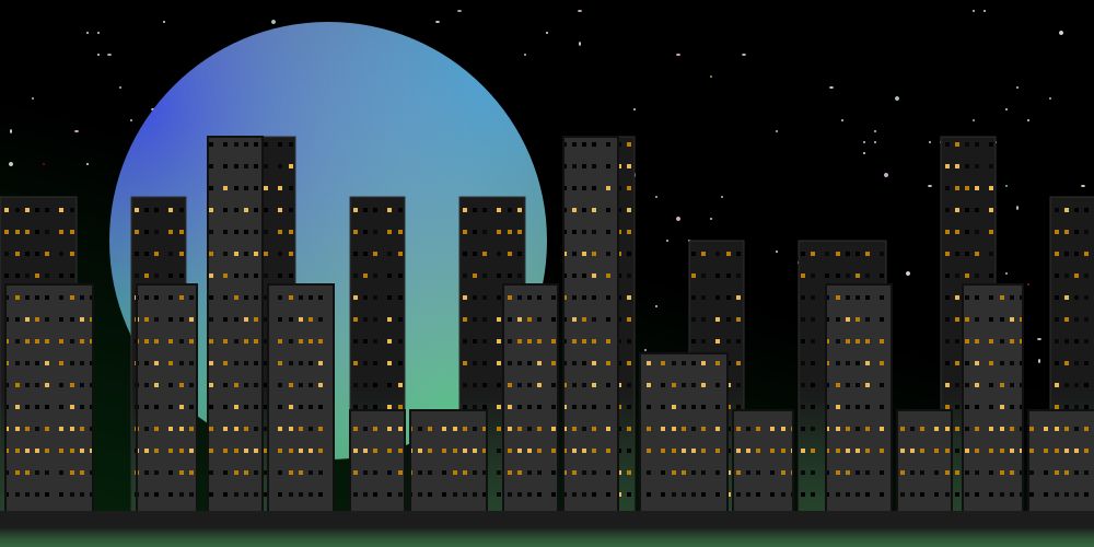  an svg drawing of a cityscape in front of a starry night sky with a large pastel moon hanging in the background