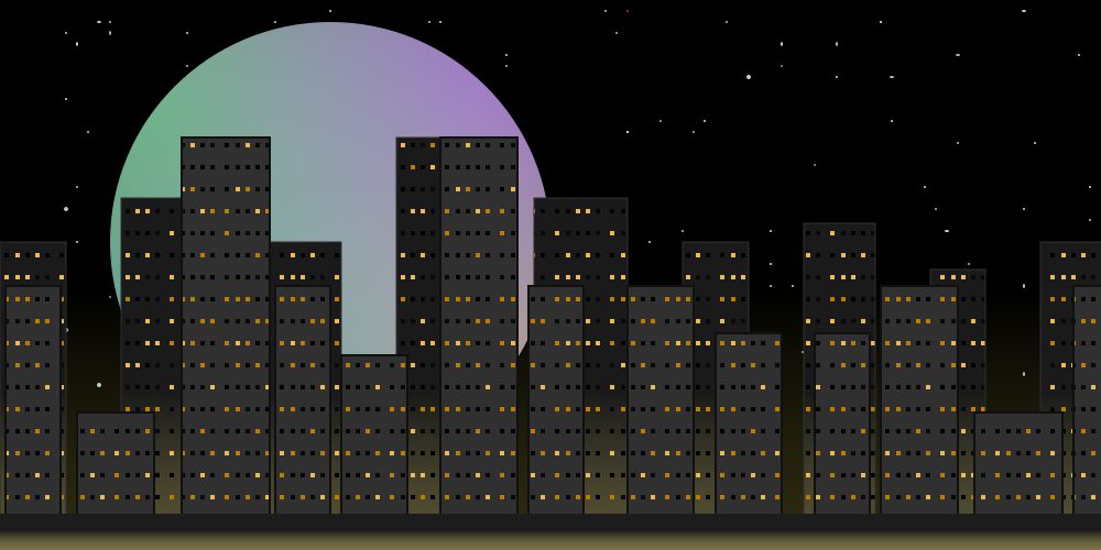  an svg drawing of a cityscape in front of a starry night sky with a large pastel moon hanging in the background