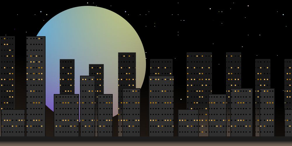  an svg drawing of a cityscape in front of a starry night sky with a large pastel moon hanging in the background