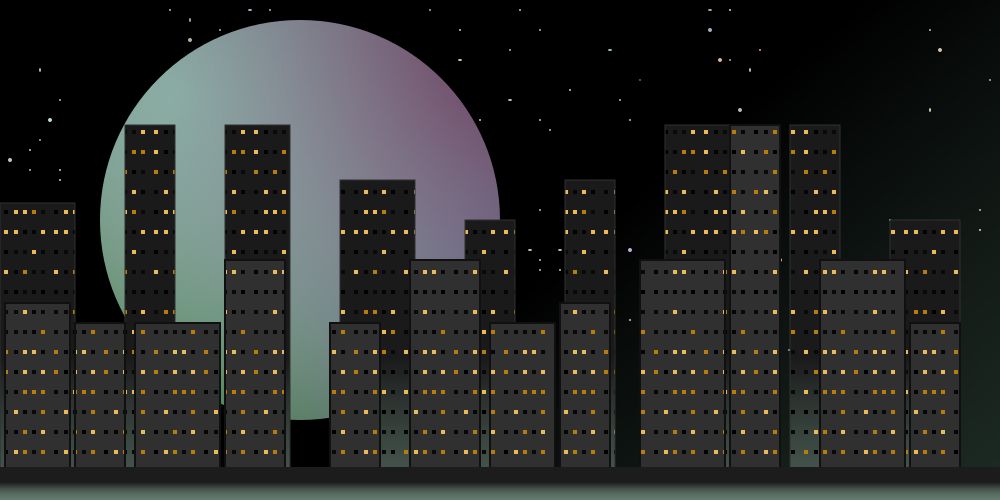  an svg drawing of a cityscape in front of a starry night sky with a large pastel moon hanging in the background