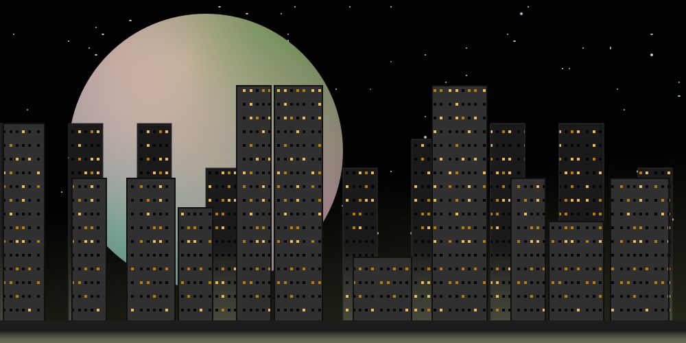  an svg drawing of a cityscape in front of a starry night sky with a large pastel moon hanging in the background