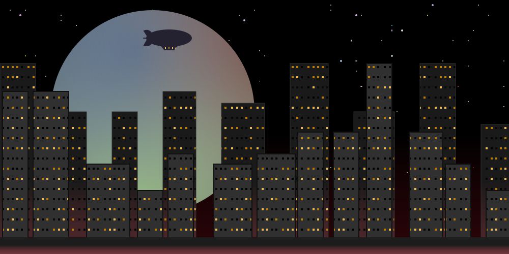  an svg drawing of a cityscape in front of a starry night sky with a large pastel moon hanging in the background