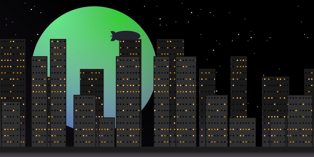  an svg drawing of a cityscape in front of a starry night sky with a large pastel moon hanging in the background