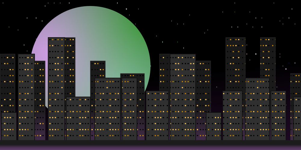  an svg drawing of a cityscape in front of a starry night sky with a large pastel moon hanging in the background