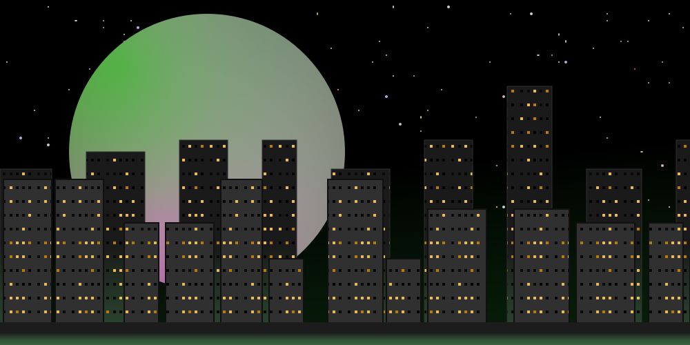  an svg drawing of a cityscape in front of a starry night sky with a large pastel moon hanging in the background