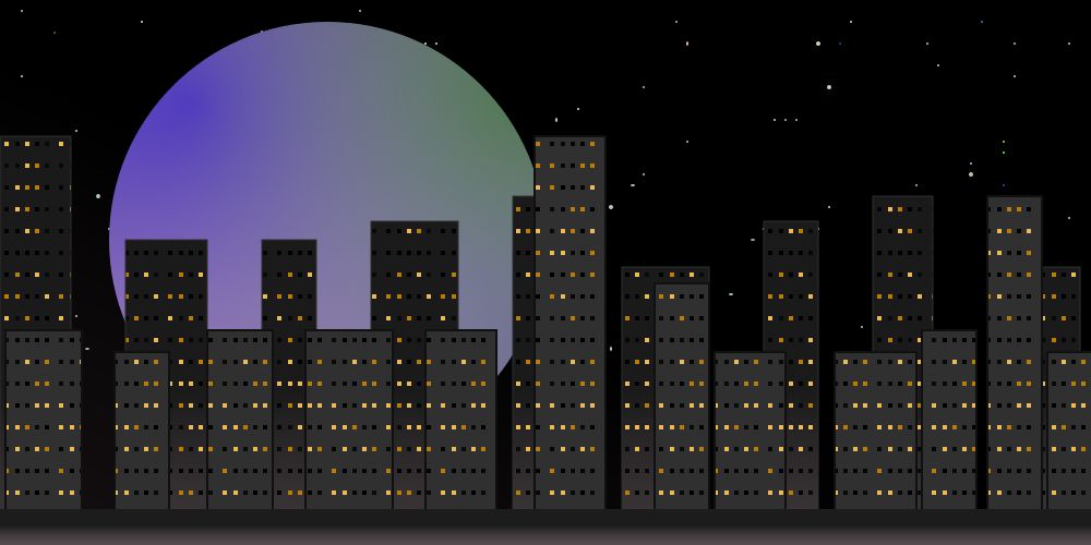  an svg drawing of a cityscape in front of a starry night sky with a large pastel moon hanging in the background