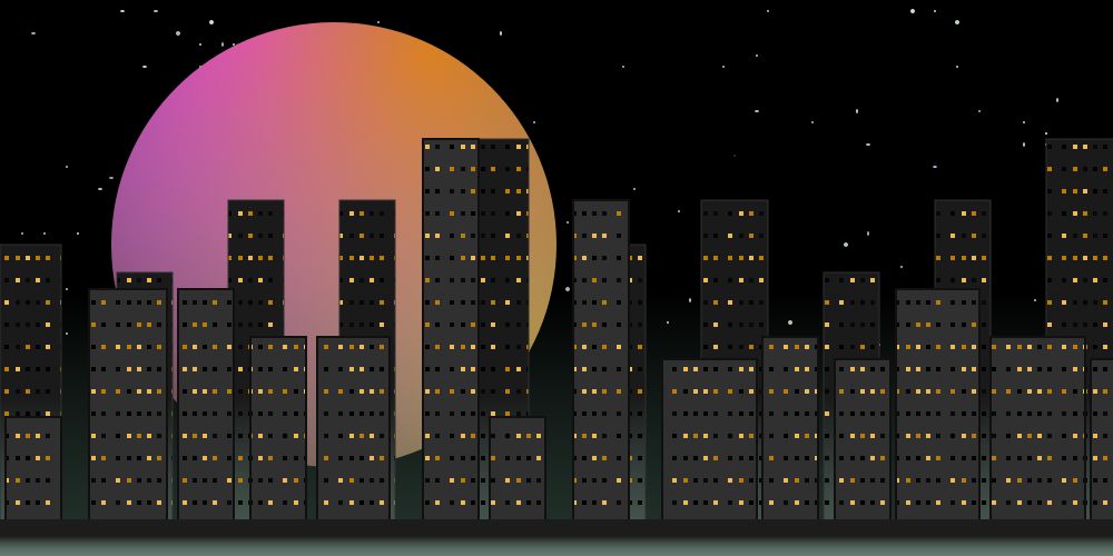  an svg drawing of a cityscape in front of a starry night sky with a large pastel moon hanging in the background