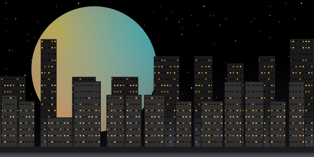  an svg drawing of a cityscape in front of a starry night sky with a large pastel moon hanging in the background