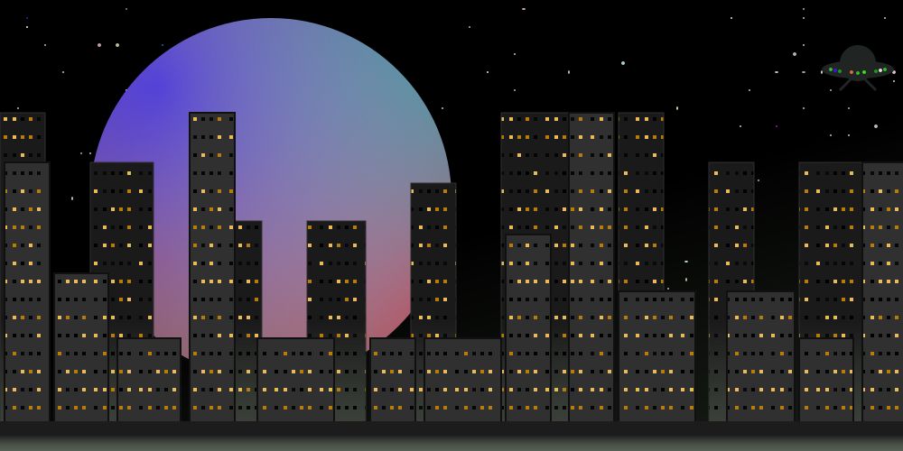  an svg drawing of a cityscape in front of a starry night sky with a large pastel moon hanging in the background