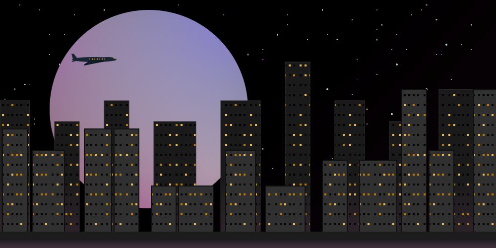  an svg drawing of a cityscape in front of a starry night sky with a large pastel moon hanging in the background