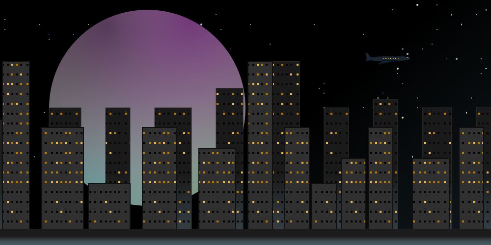  an svg drawing of a cityscape in front of a starry night sky with a large pastel moon hanging in the background