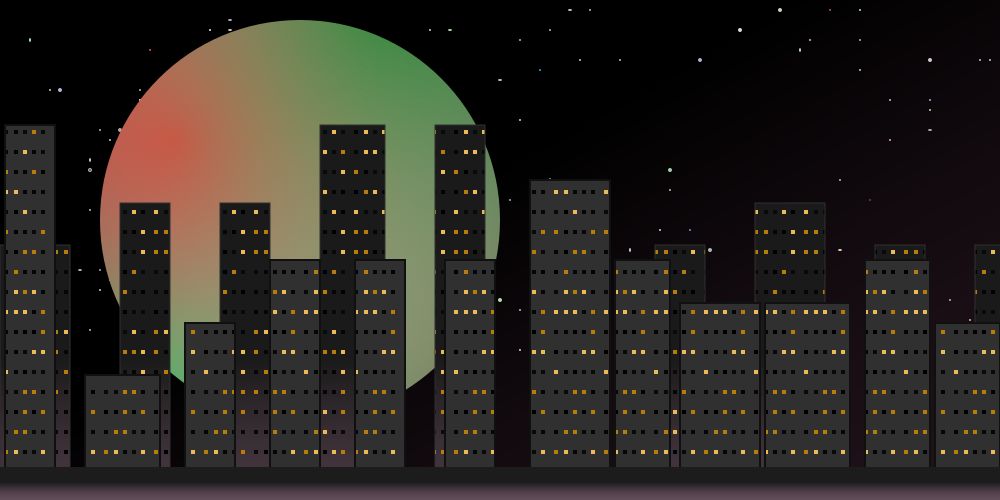  an svg drawing of a cityscape in front of a starry night sky with a large pastel moon hanging in the background