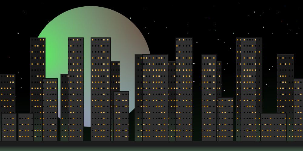  an svg drawing of a cityscape in front of a starry night sky with a large pastel moon hanging in the background