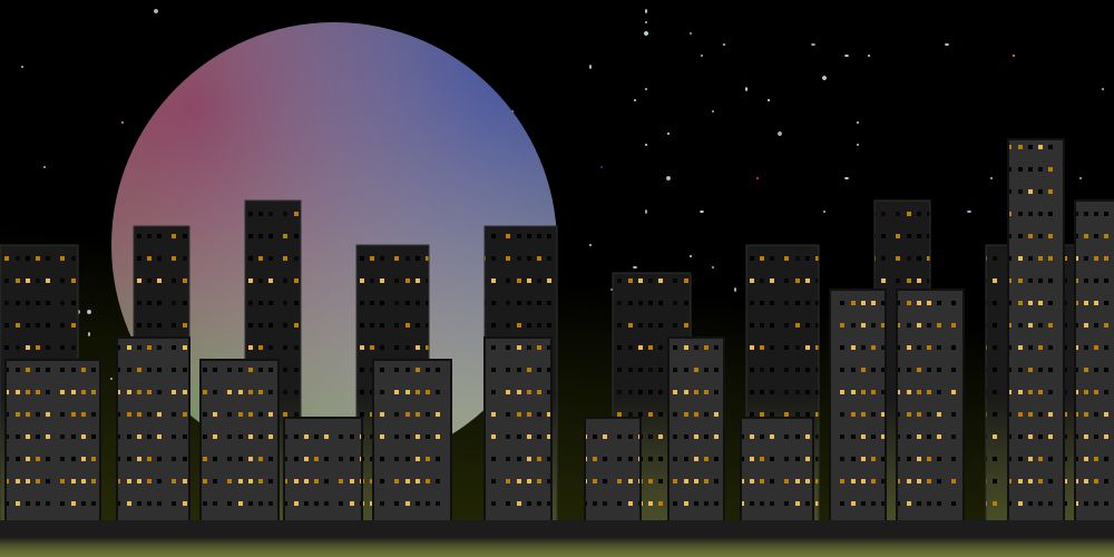  an svg drawing of a cityscape in front of a starry night sky with a large pastel moon hanging in the background