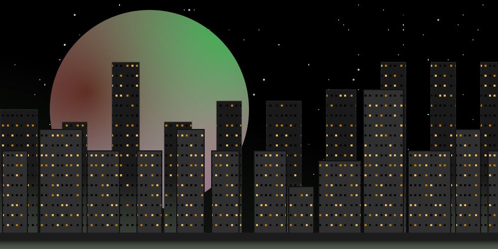  an svg drawing of a cityscape in front of a starry night sky with a large pastel moon hanging in the background