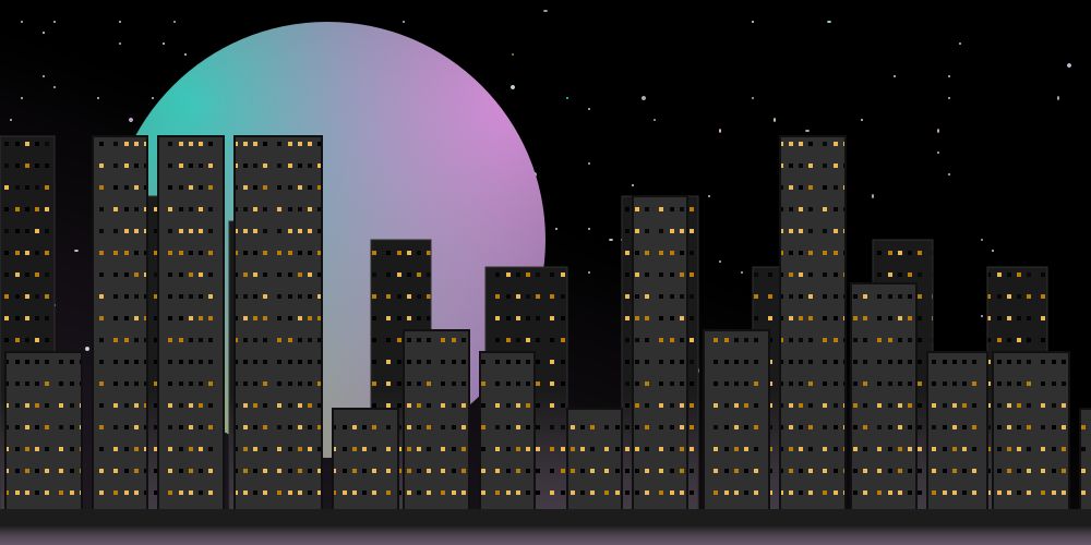  an svg drawing of a cityscape in front of a starry night sky with a large pastel moon hanging in the background