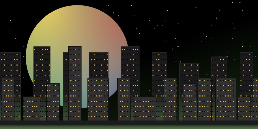  an svg drawing of a cityscape in front of a starry night sky with a large pastel moon hanging in the background