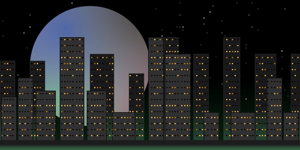  an svg drawing of a cityscape in front of a starry night sky with a large pastel moon hanging in the background